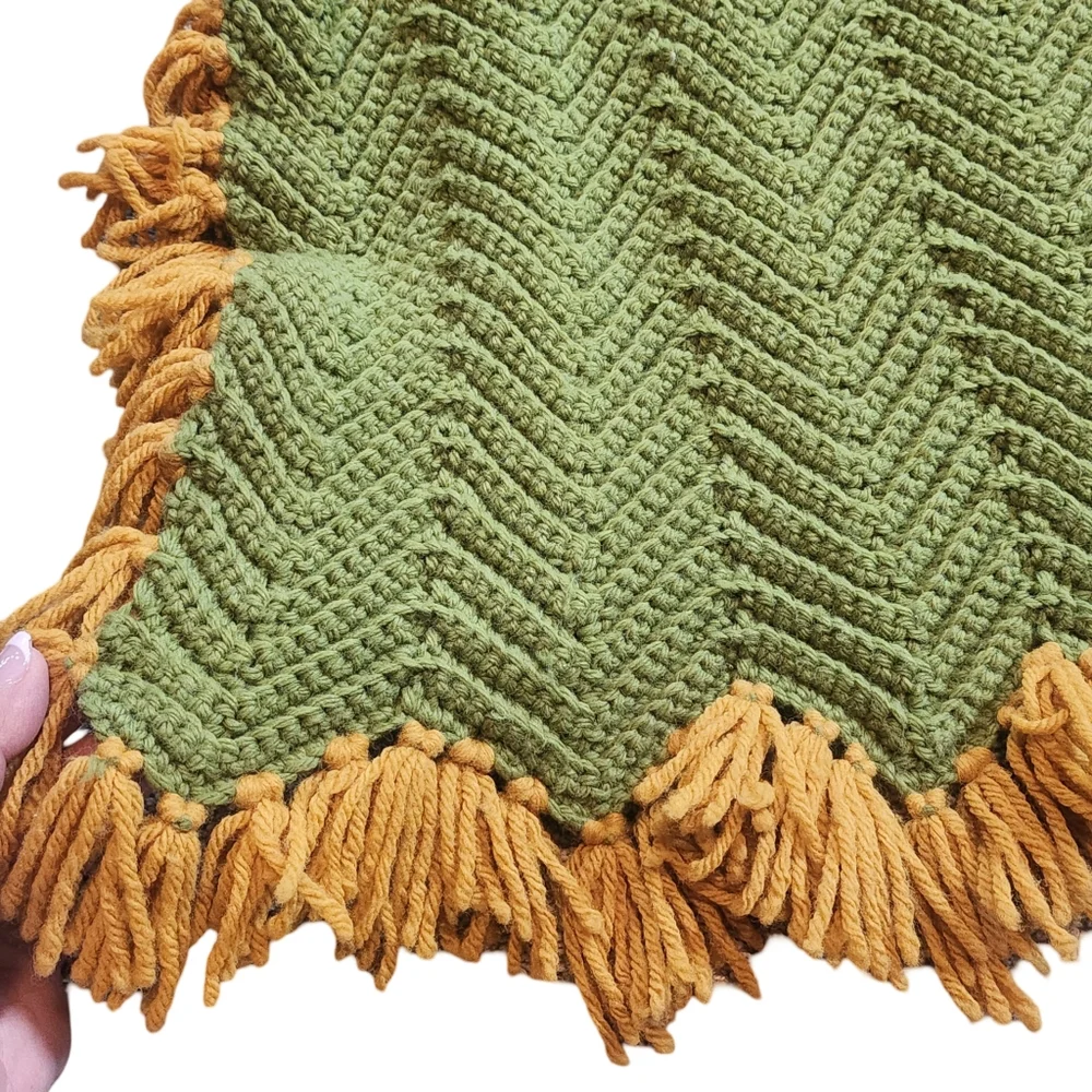 Vintage Handmade Crochet Throw Blanket Green Gold Chevron Fringe 33x43 Groovy